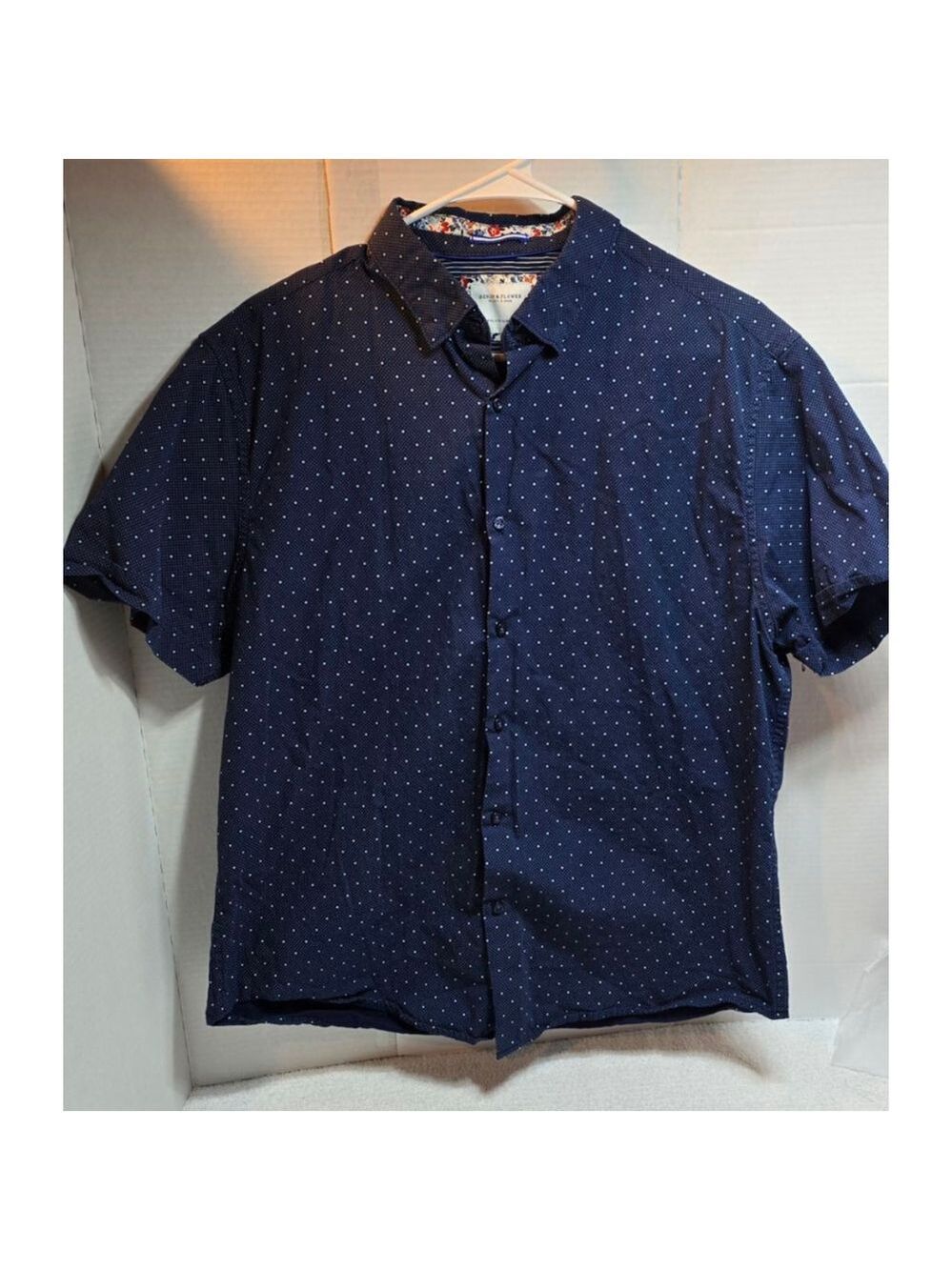 Men's Denim & Flower Blue White Polka Dot Casual Button Down Shirt XL